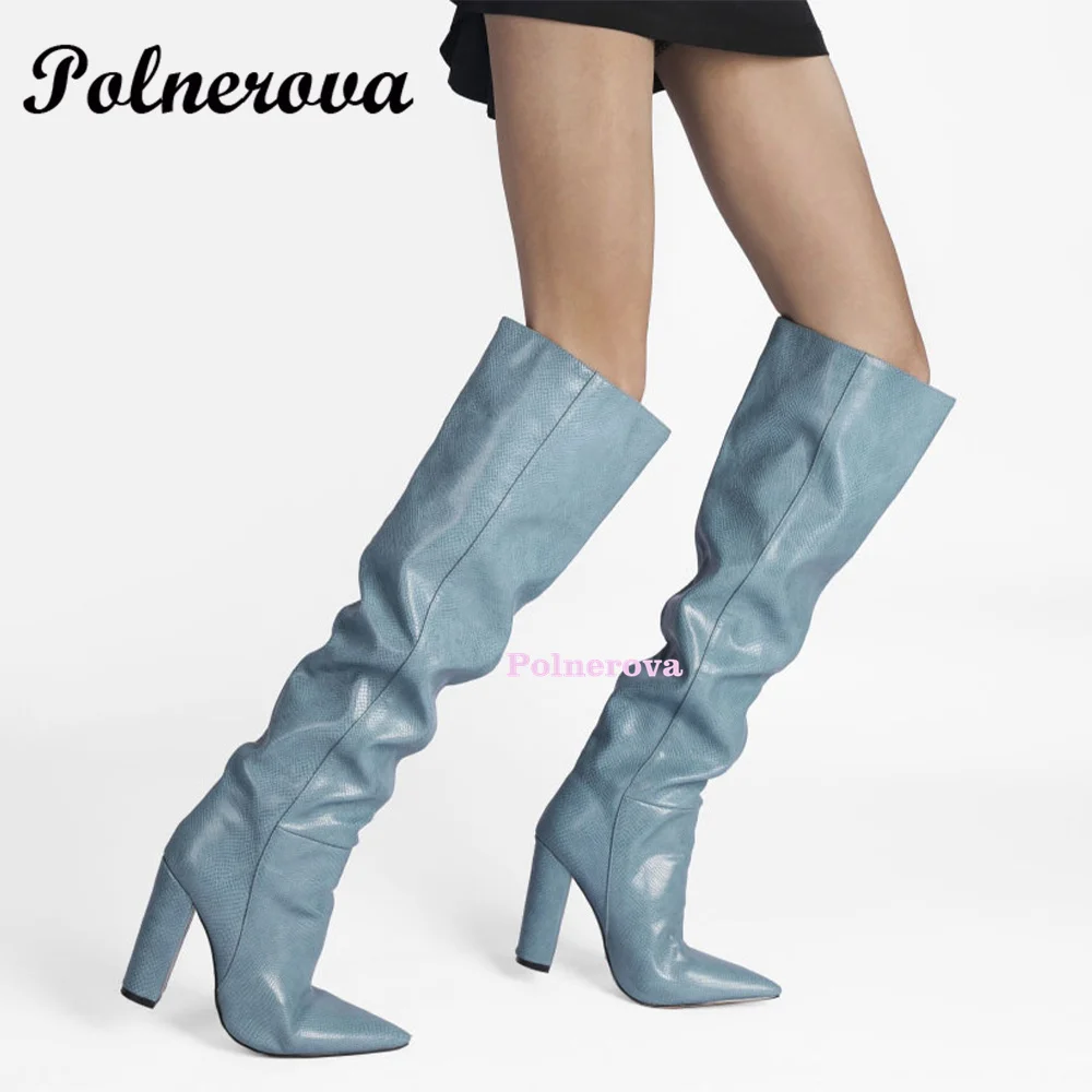 

Snake Pattern Over The Knee Boots Unique Design Pleated Women's Boots New Thick Heel High Heels Pointed Toe Women's Shoes Newest