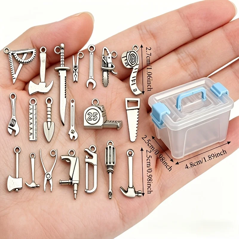 Toolbox with 20 Random Tool Models, Mini Alloy Tool Set, Wrench Hammer Tape Measure, Clear Box, Retro Silver, Scene Photo Props.