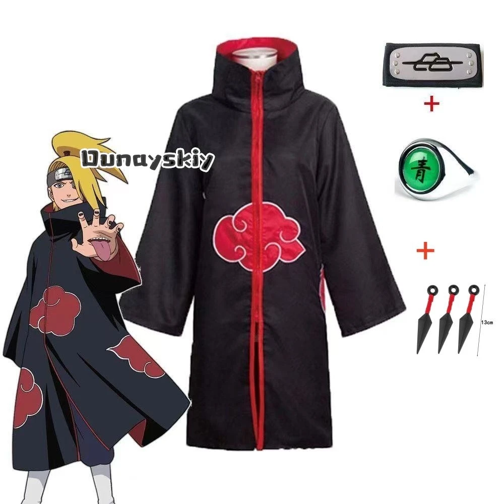 LWW29*Deidara Cosplay AnimeCostume Cloaks with Headband Ring Wig for Halloween Party Costume Akatsuki Ninja Red Cloud Cloak view 3