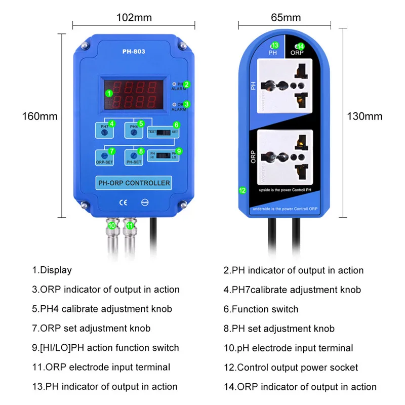Controlador digital 2 e 1 ph orp redox com monitor de relé de potência de saída para aquário hidroponia planta piscina spa bnc sonda substituível