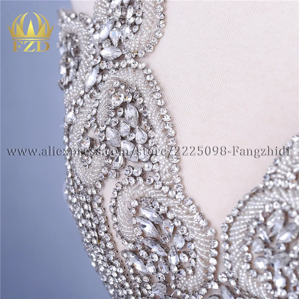 FZD 1 Piece Silver All rhinestones Crystal Stone Beaded Bodice Patches beads Apprarel for Wedding Dresses, DIY Decorative Cloth