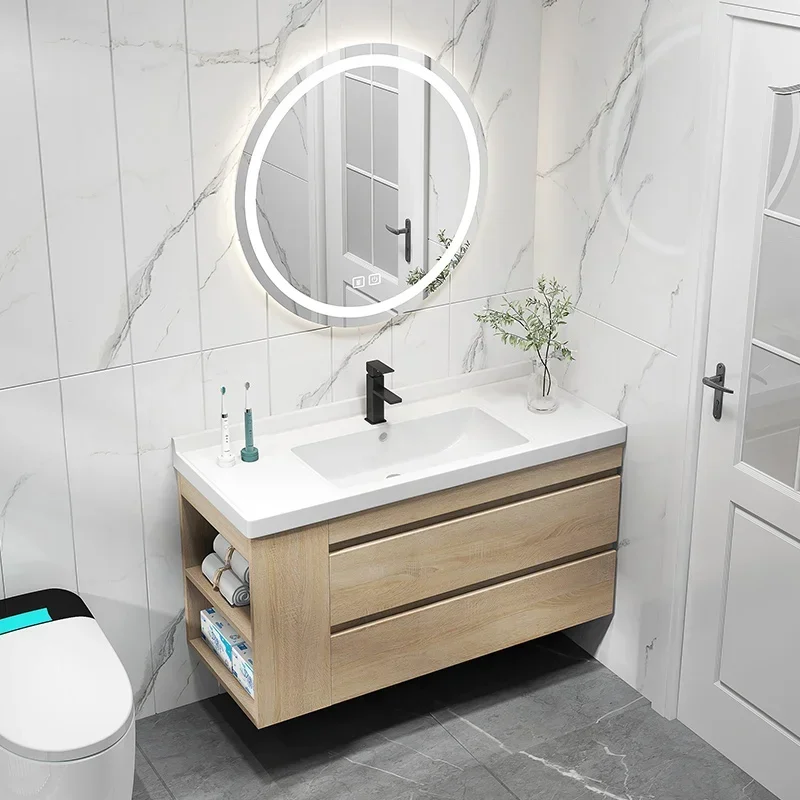 Szafka łazienkowa drewniana, zestaw szafek łazienkowych, lekka luksusowa szafka łazienkowa, umywalka, minimalistyczna