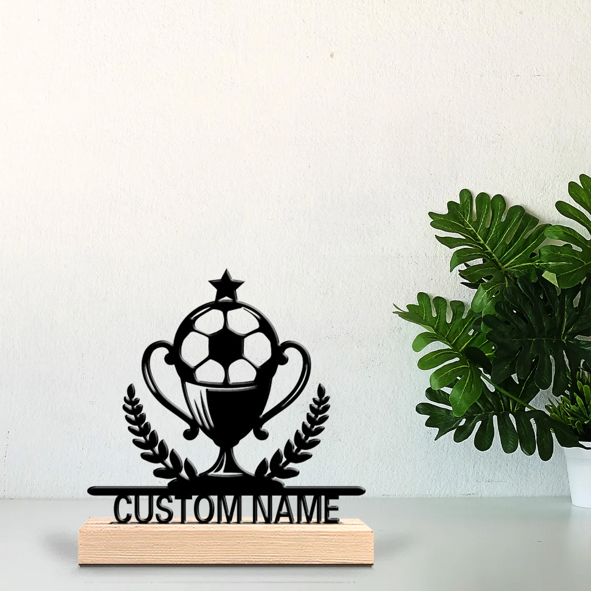 1pc Minimalist Soccer trophy Customizable Letter Metal Statue Iron Ornament Crafts With Wood Base Iron SculptureFor Home Decor