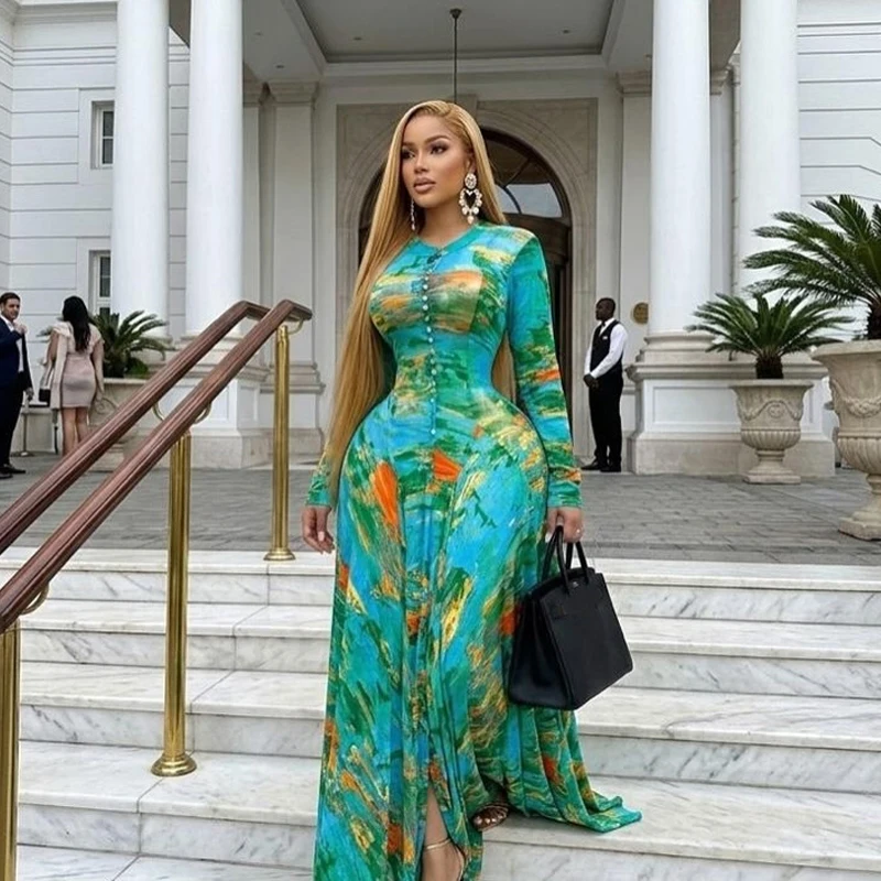 Wunderschöne Bedruckte Damenkleider mit Langen Ärmeln und Knopfleiste Vorne, Luxuriöses Maxikleid, Trendiges 2026 Party- und Abendkleid, Urlaubskleid, Langes Swing-Kleid – Detail 2