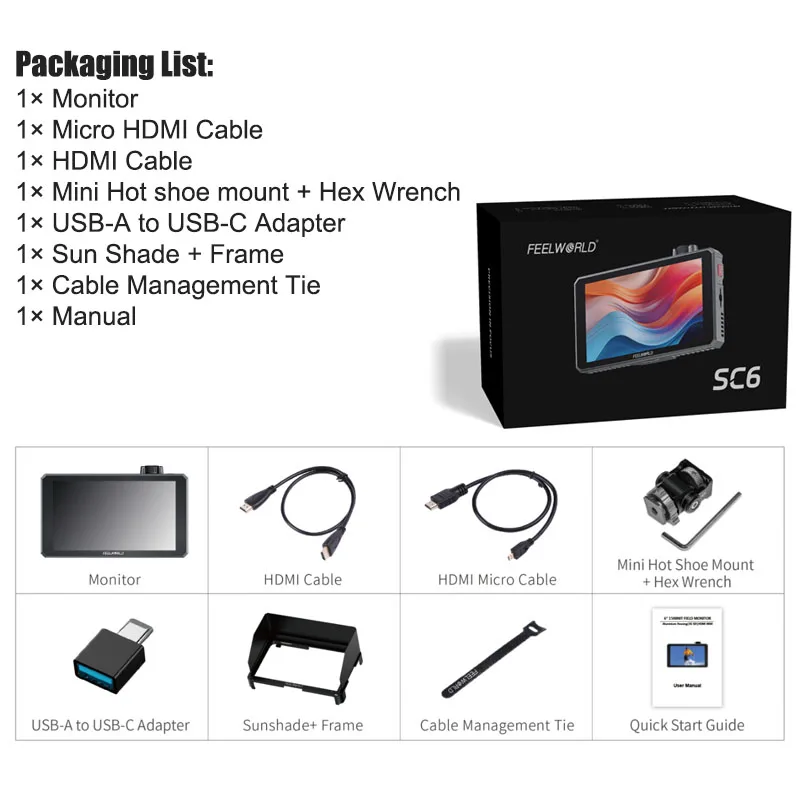 FEELWORLD 6인치 SC6 필드 카메라 비디오 모니터 1500NIT 3G SDI 4K HDMI 노브 키 컨트롤 고휘도 알루미늄