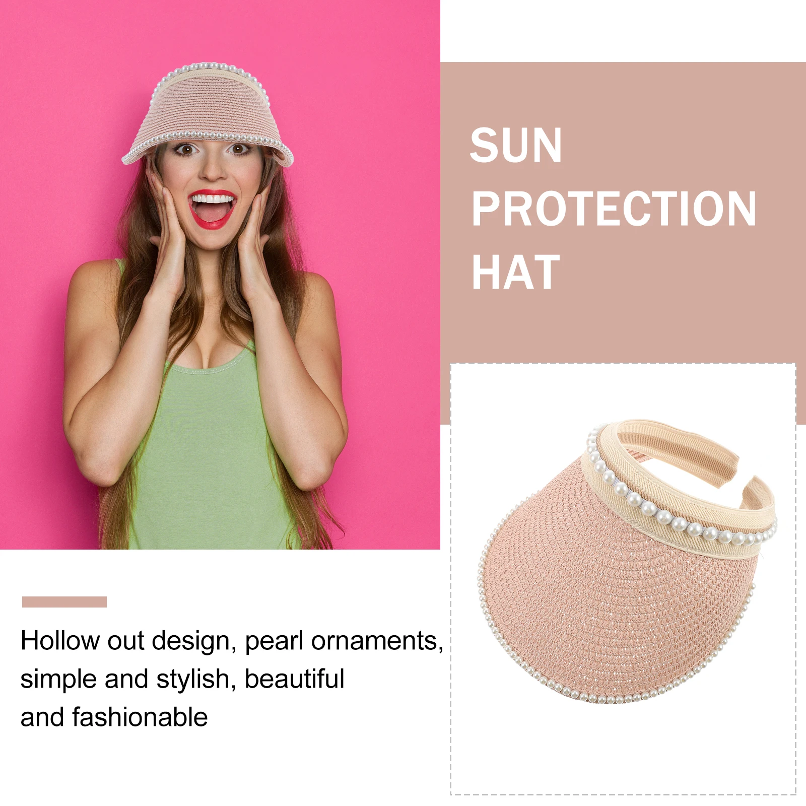 

Sun Visor Hat for Women Summer Straw Wide Brim Hollow Out Pearl Ornament Comfortable Lightweight Style Uv Protection Daily Wear