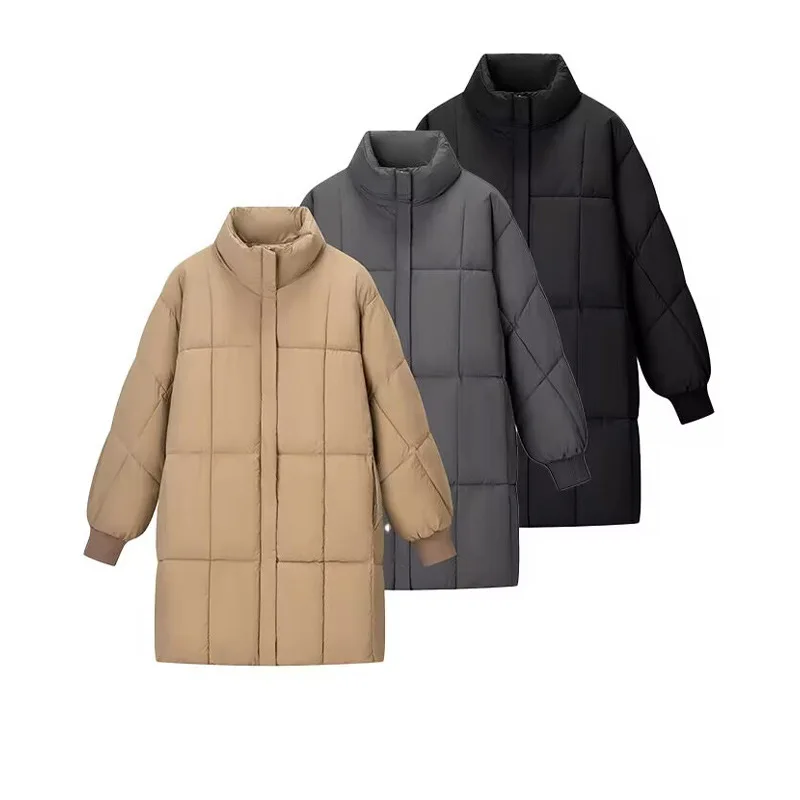 

2026 Модная свободная повседневная толстая теплая куртка средней длины с воротником-стойкой и хлопковой подкладкой