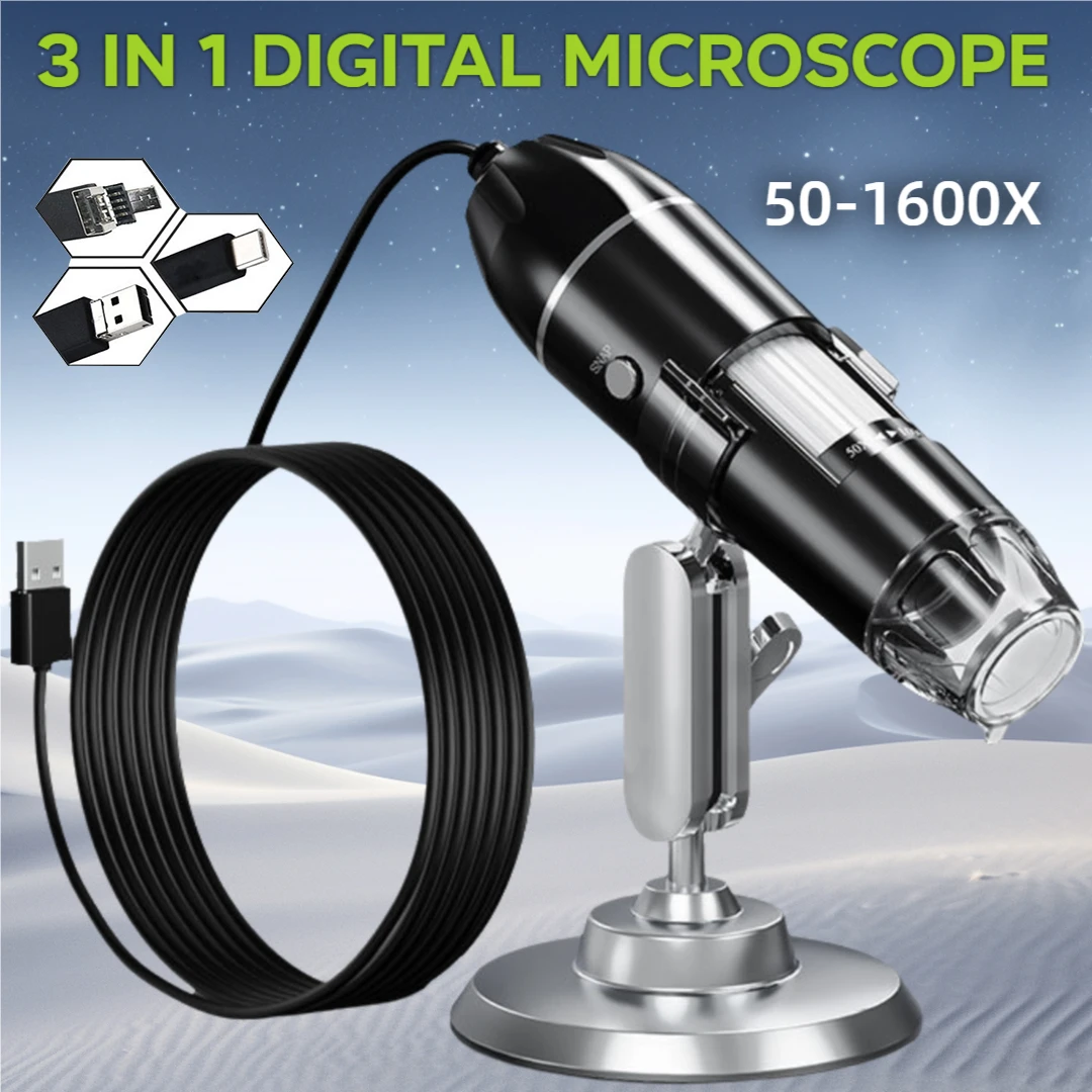 

1600X 3in 1 Digital Microscope Camera Portable Electronic Microscope For Soldering LED Magnifier Type-C USB