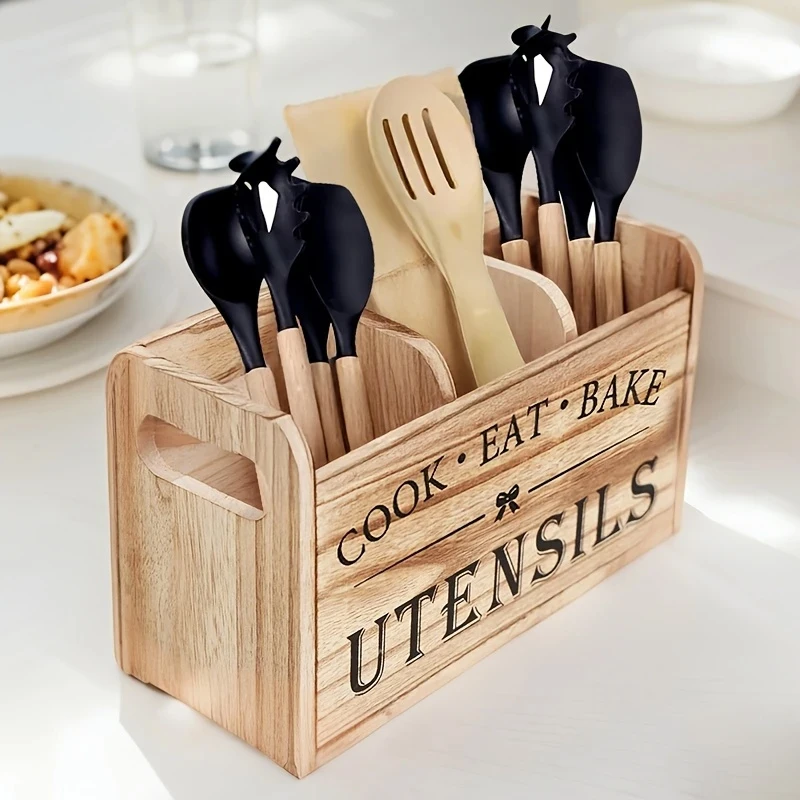 

Kitchen Utensil Rack with Three Compartments Rustic Wooden Storage Box Vintage Tableware Farmhouse Dish Cabinet Forks Spoo