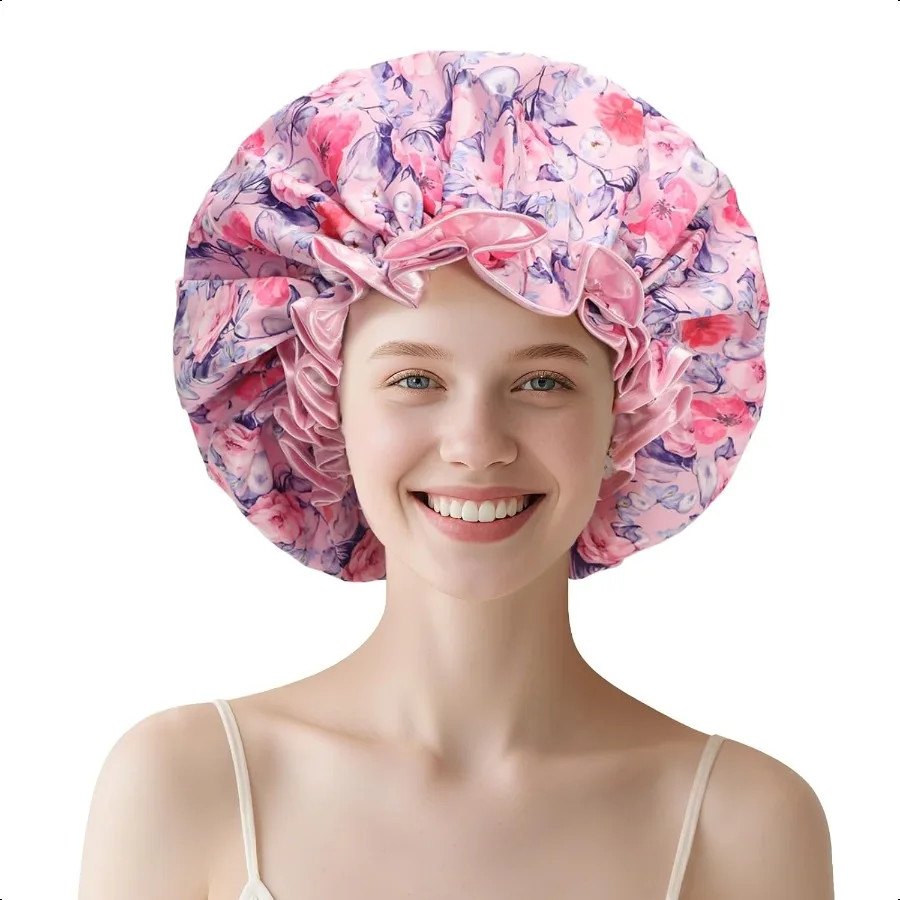 

Роскошная шапочка для душа для женщин, многоразовая водонепроницаемая двухслойная шапочка для душа, капот с регулируемым эластичным ремешком, большая атласная подкладка