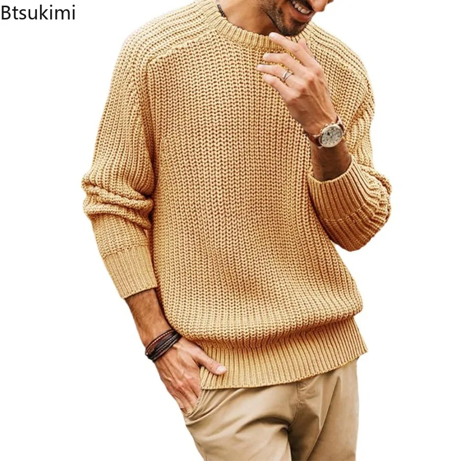 2025 الخريف الشتاء الرجال جديد بلون طويلة الأكمام طاقم الرقبة محبوك سترة الذكور موضة عادية فضفاض Vintage متماسكة البلوز