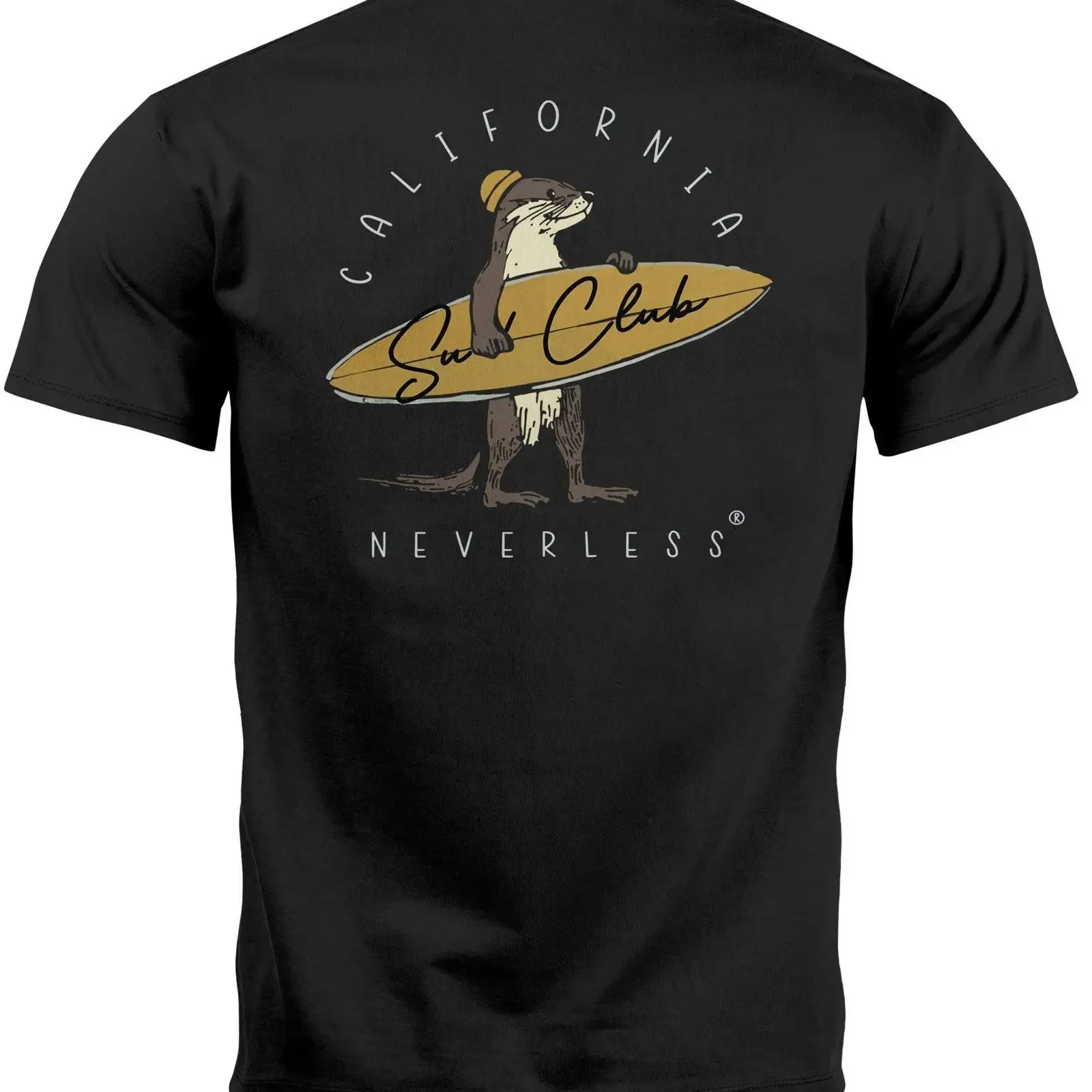 Neverless Print T Shirt Herren Backprint California Surfing Otter mit Surfboard vintage Washed designer clothes Unisex