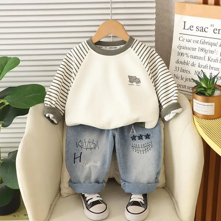 Ropa de otoño para bebés, conjuntos para niños pequeños, jersey con estampado de elefante a rayas, sudaderas con capucha y pantalones vaqueros, trajes de dos piezas para niños