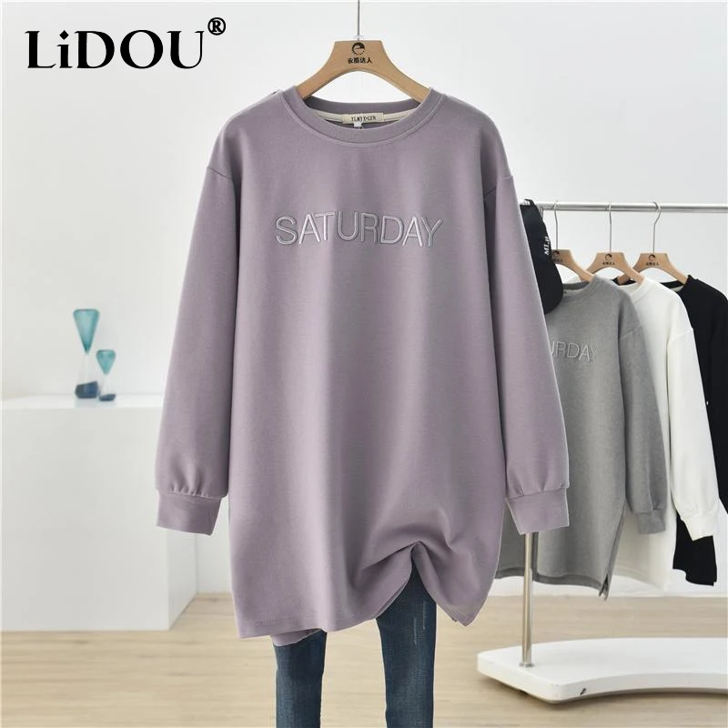 Herbst Winter einfarbig Mode Langarm T-Shirt Frauen High Street lässig All-Match-Pullover mittellang plus Samt Tops