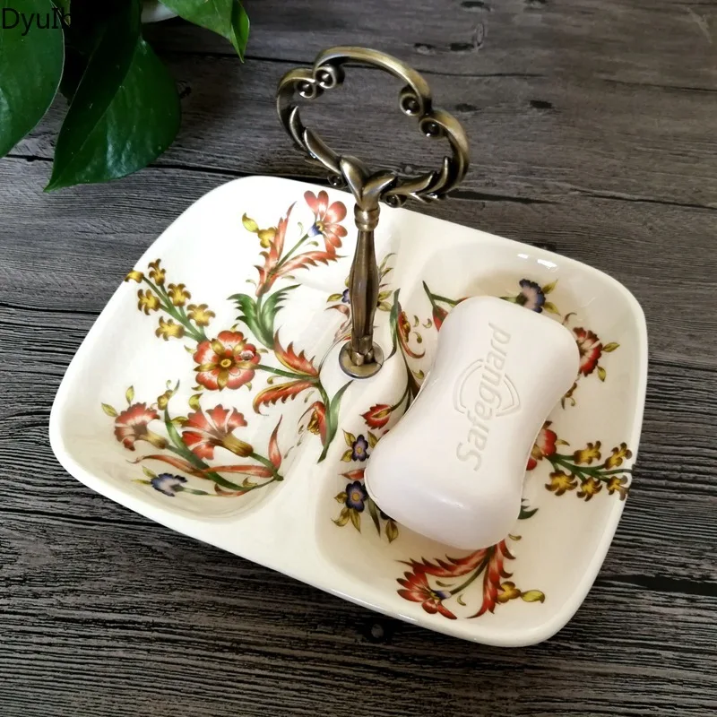 

1PC soap dish European-style cracked ceramic double-compartment soap box household draining handle soap tray