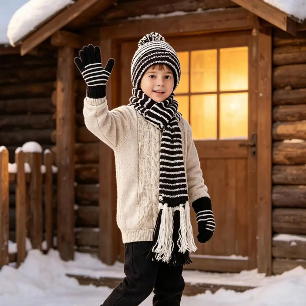 Thickened Fleece Warmth Gear Kids Winter Hat Scarf Gloves Set Fleece Lined Striped Knit Pom Pom Cozy Toddler for Boys