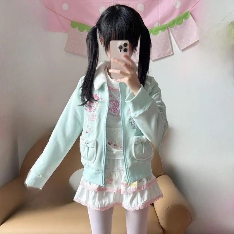 Japanese Cartoon Embroidery Casual Kawaii Coats Women Furry Patchwork Harajuku Loose Jackets Y2k Aesthetic Grunge Zipper ​jackes - view 3