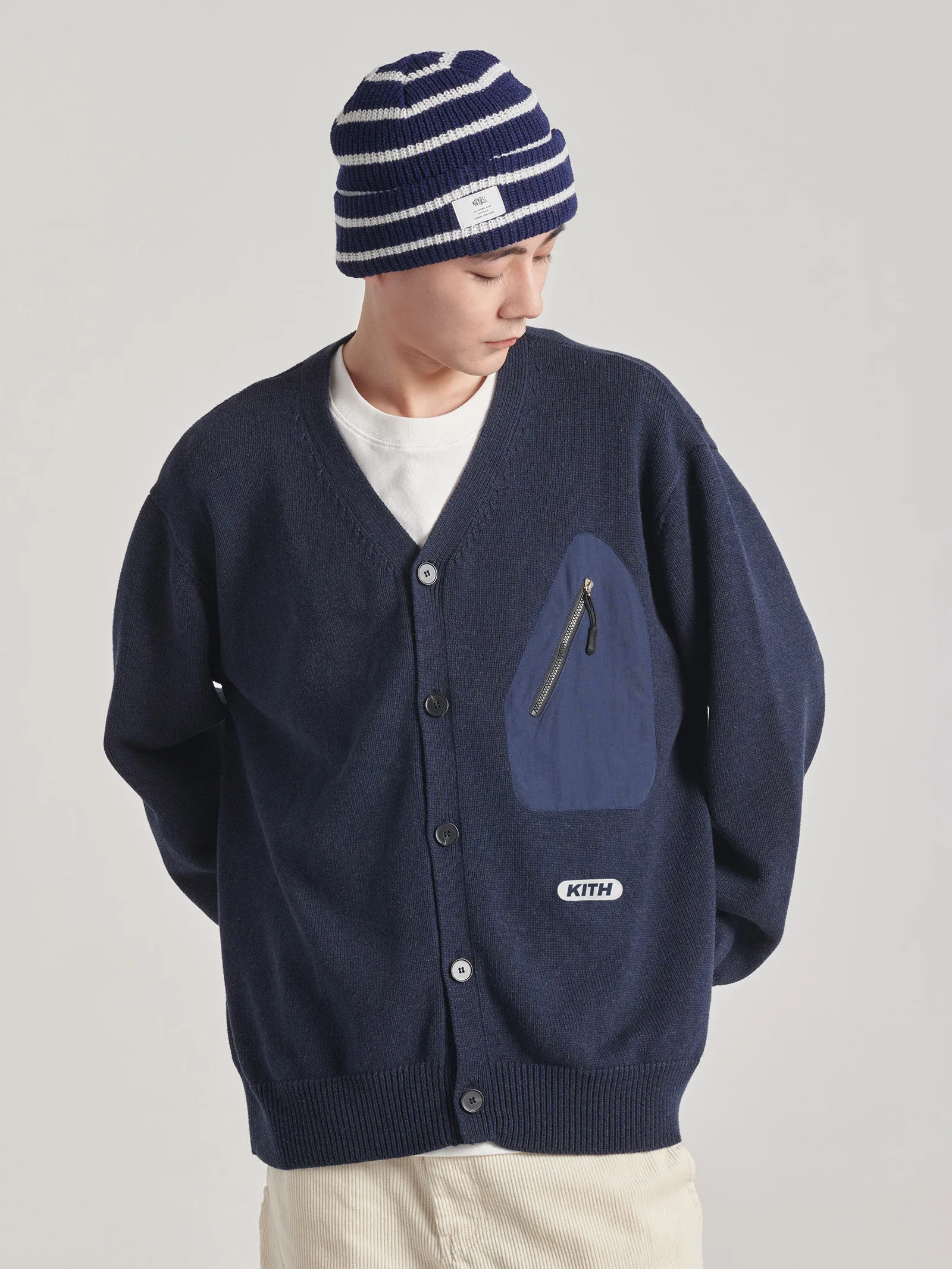 

KITH V-Neck Pocket Knitted Sweater Cardigan Unisex Pure Color Trendy Brand Knitwear Couple Outfit Jacket for Youth Daily Wear