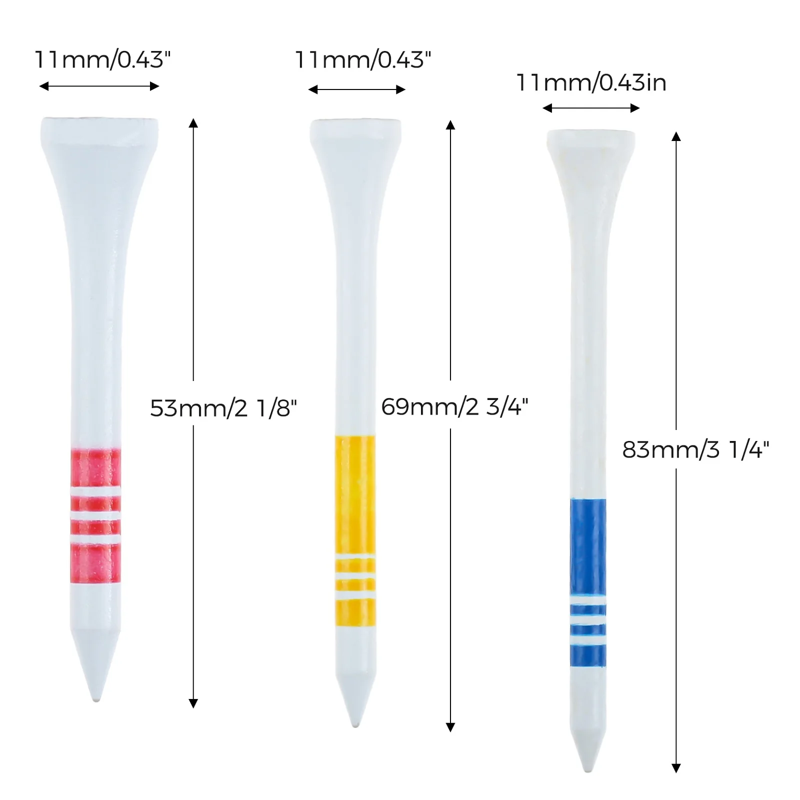 25pcs Professional Golf Tees White with Red/Yellow/Blue Stripe Mark Scale 53mm/69mm/83mm Wooden Golf Ball Tees Practice Supplies