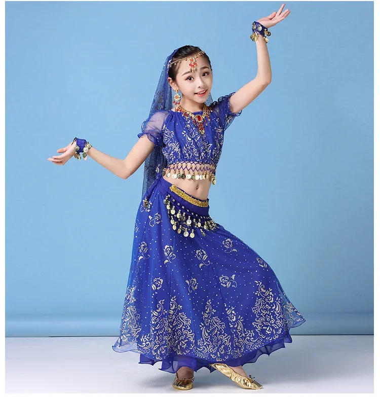 4 pçs/set novas crianças conjunto de traje de dança do ventre oriental indiano trajes de dança do ventre vestido roupas indianas para meninas