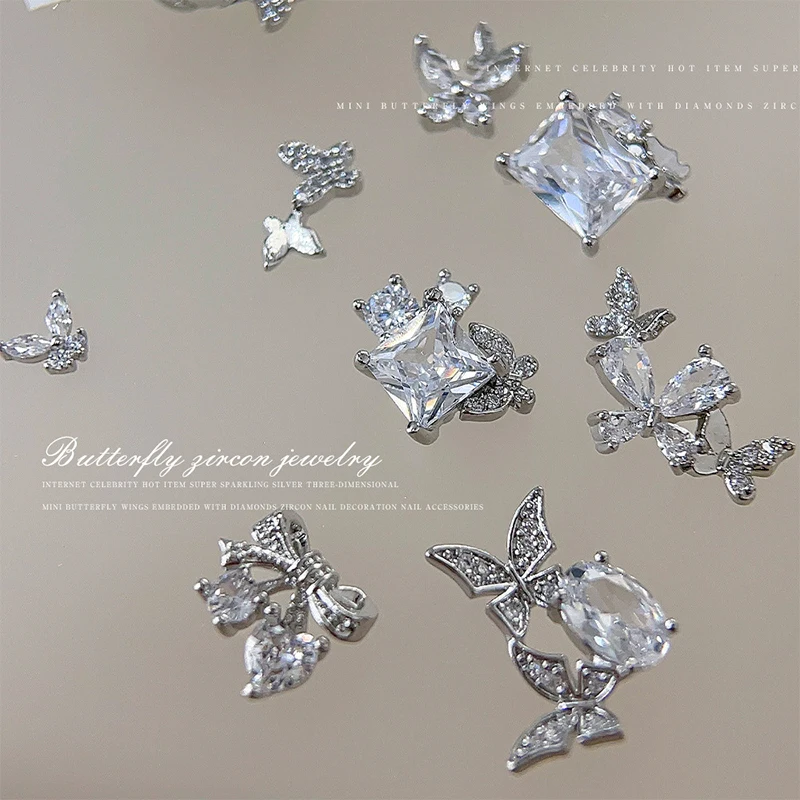 1 Uds. Joyería de circonio de mariposa plateada decoración de uñas mariposa súper brillante diamante accesorios 3D manicura
