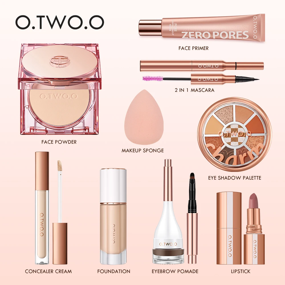 O.TWO.O 9pcs Full Makeup Face Setting Powder Primer Base Mascara Eyeliner Pen Eyebrow Tint Lipstick Eyeshadow Make-up for Women