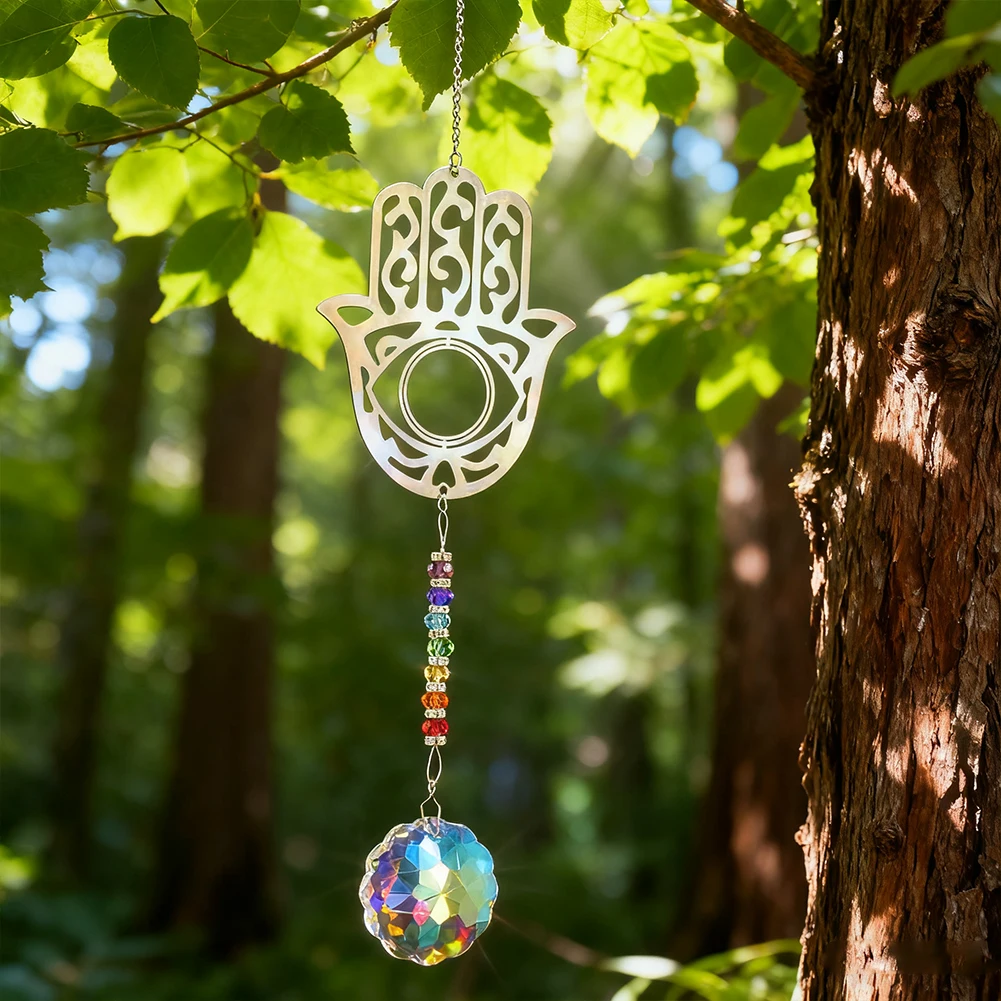 

Hamsa Hanging Suncatcher Crystal Fatima Chakra Protection Rainbow Maker Mandala Prism Wind Chime Car Pendant Garden Window Decor