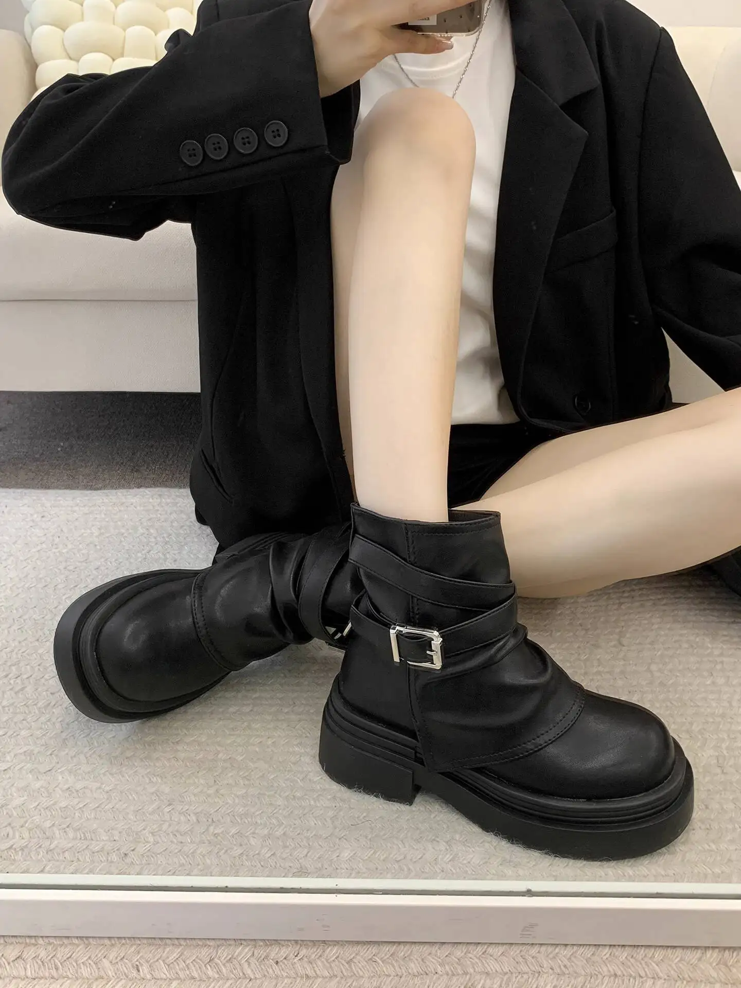 

2025 New Women's Black Short Tube Chunky Heel Ankle Boots Spring Autumn Versatile British Retro Maillard Boots