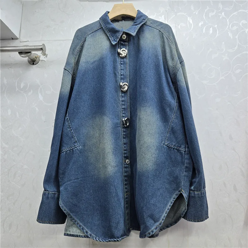 

SuperAen European and American Autumn and Winter Batwing-sleeved Three-dimensional Button Design Washed High Street Denim Shirts