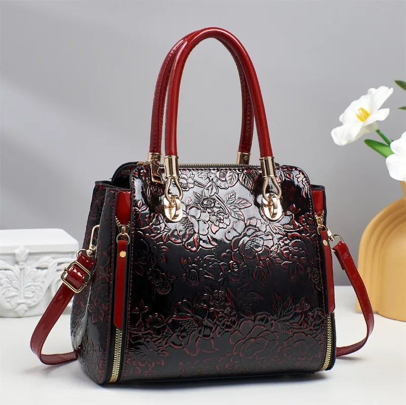 Women's Luxury Handbag Tote Bag with Flower Engrave Pattern Surface Women Bag Outgoing Shopping Shoulder Bag Bright Handbag