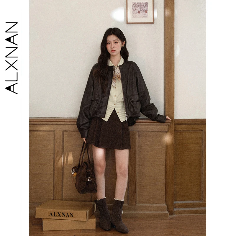 ALXNAN Brązowa Krótka Skórzana Kurtka Damska 2025 Jesień Zima Nowa Vintage Luźny Krój Skórzane Płaszcze Okrągły Dekolt Kurtka na Zamek L58058-1