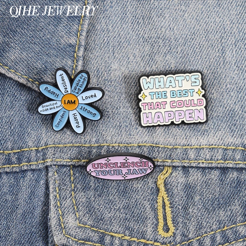 Self Love Positive Mindset Enamel Pins I AM Flower Confident Loved What's The Best That Could Happen Brooch Lapel Badge Jewelry