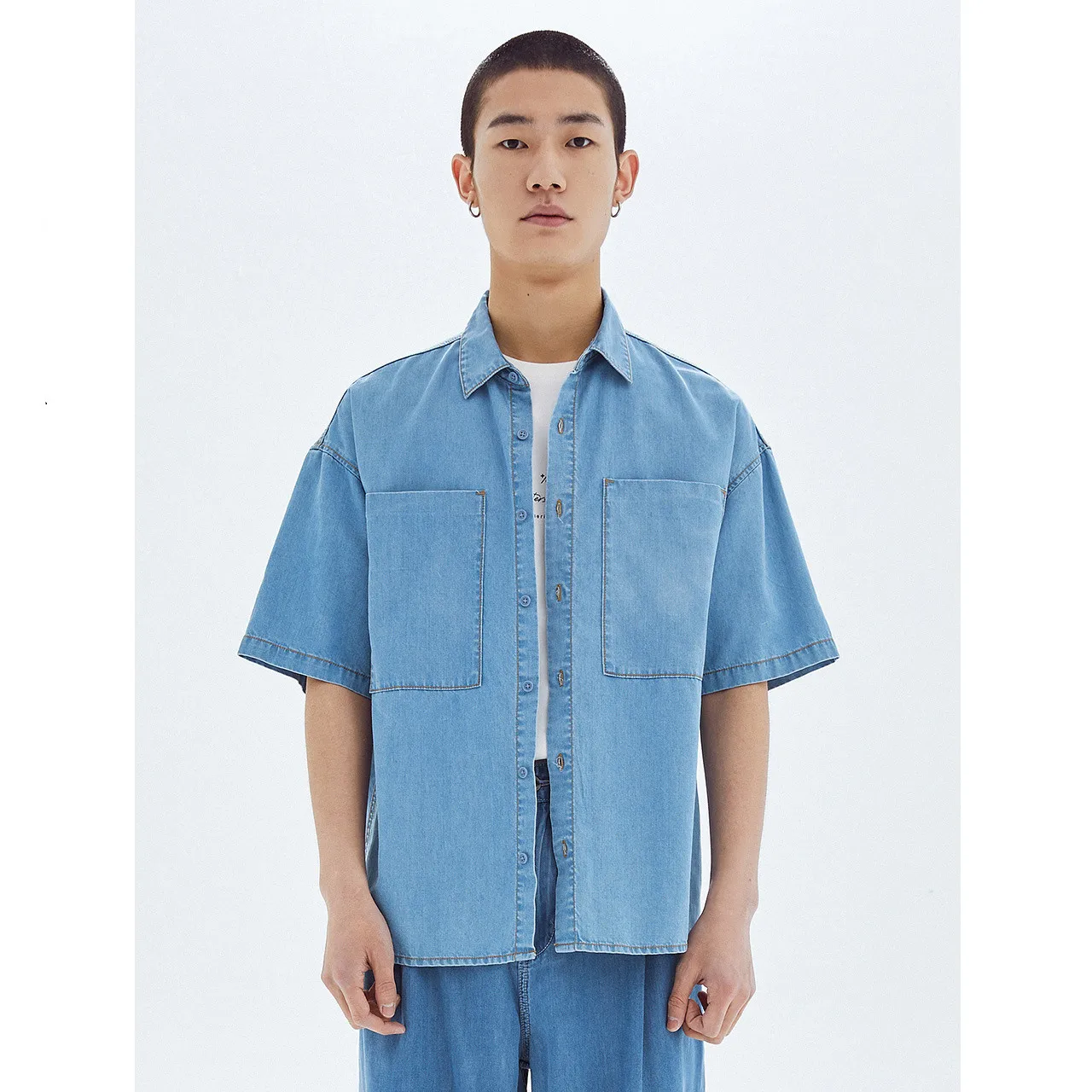 

Metersbonwe-Men's Basic Denim Short, Summer Loose SBlouse, tudent Shirts, Fashion Pockets, Street Cowbody Shirt, Male Tops