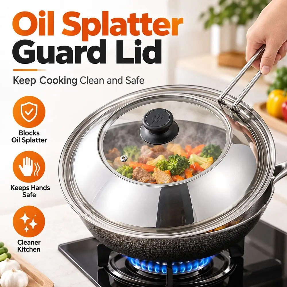 New 28/30/32/34cm Oil Splatter Guard Heat Resistant Visible Pot Lid Detachable Wok Splatter Lid Kitchen Splash Guard