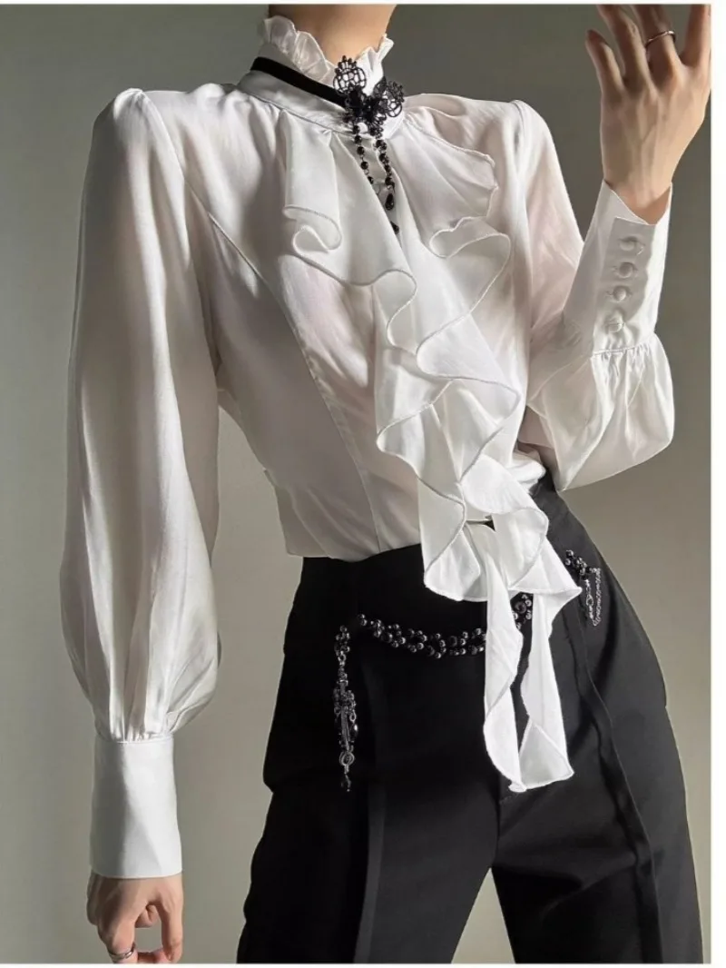Vintage Stand Collar Ruffles Blouses Medieval Lolita Prince Shirt Ouji Cos Gothic Top for Men Women Long Sleeve Tops White Black