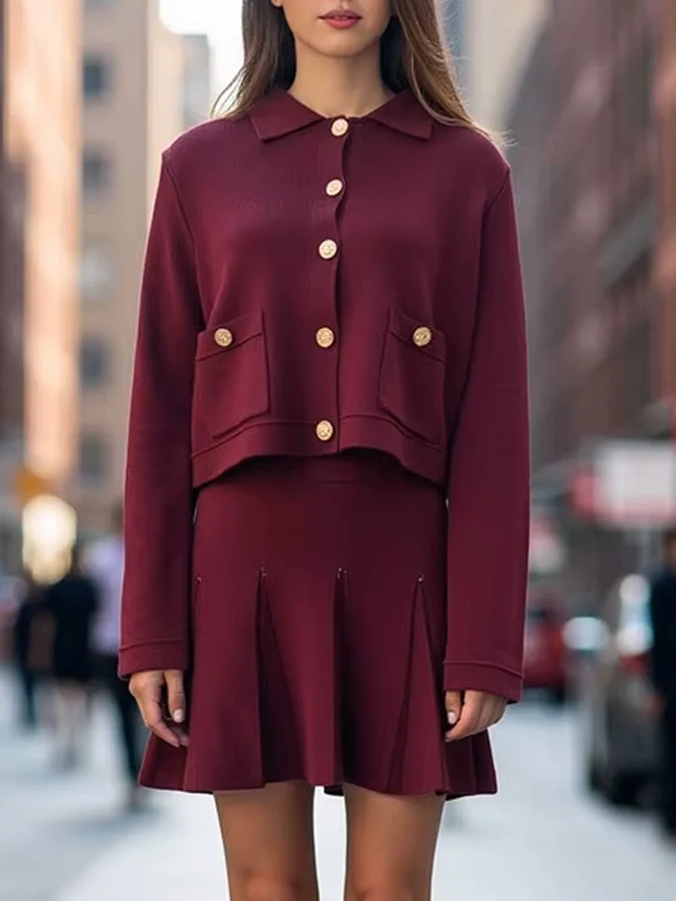 HH Elegant Women Knitted Red Skirts Suits Lapel Single Breasted Long Sleeve Cardigan Elastic Waist Mini Skirt Casual Party Sets view 6