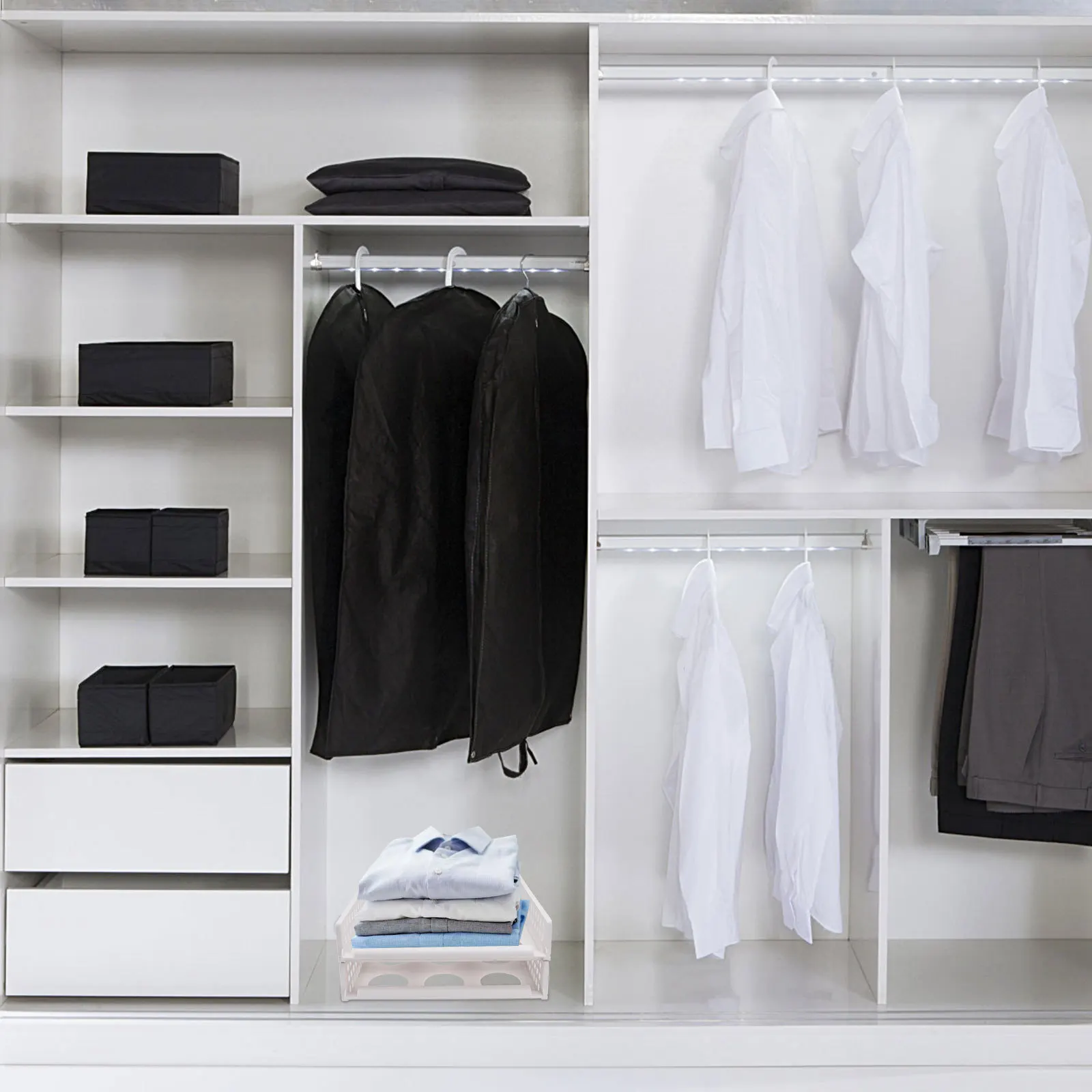 

Storage Basket Stacking Closet Shelves Clothes Divider Staking Organizer Clothing Bin