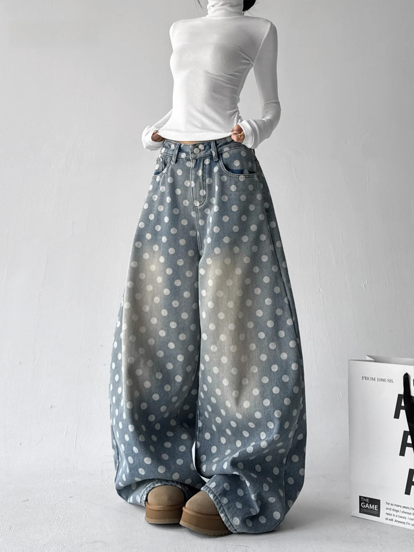 

Blue Polka Dot Fce Lined Jeans Loose Wide Leg Pants Low Waist Button Closure Cotton Blend Stretchy Comfortable High Quali