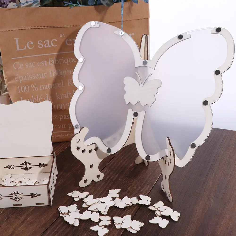 Wooden Wedding Guest Book Butterfly Shape Alternative Wedding Message Board Multifunctional Custom Name Butterfly Check-in Desk