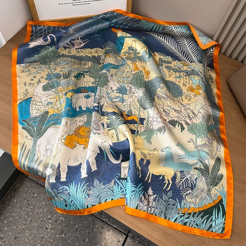66x66CM 100% MULBERRY SILK Square Scarf Vintage Jungle Animal Print Shawl Orange Blue Border Luxury Neck Scarf Fashion Headscarf