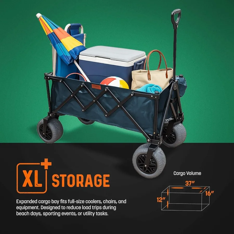 عربة شاطئ قابلة للطي مع عجلات كبيرة لجميع التضاريس للاستخدام على الطرق الوعرة، مسارات تخييم الحصى الرملي، عربة أدوات كبيرة جدًا مع 9 ثقيلة
