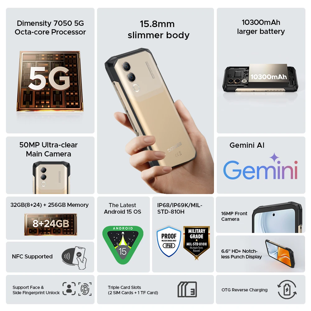 World Premiere DOOGEE Blade20 Turbo 5G Rugged Phone Android 15 Gemini Al 6.6'' HD+ 8GB 256GB AI Dual Camera 10300mAh Battery