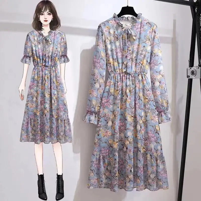 

5XL Summer Floral Women Dress Female Spring Long Sleeve Vintage Chiffon Bow Tie Neck Office Lady Shirt Dress Short Sleeve Dress