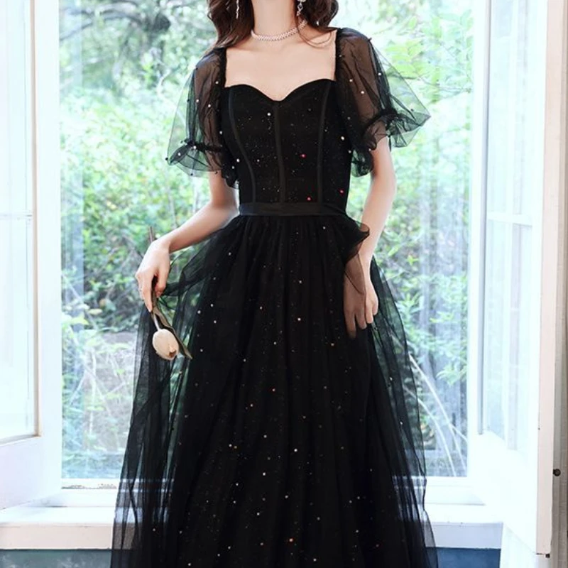 

High End Solid French Square Collar See-through Puff Sleeve Prom Gown Exquisite Star Sequin Tiered Vestidos Slim A-line Dresses