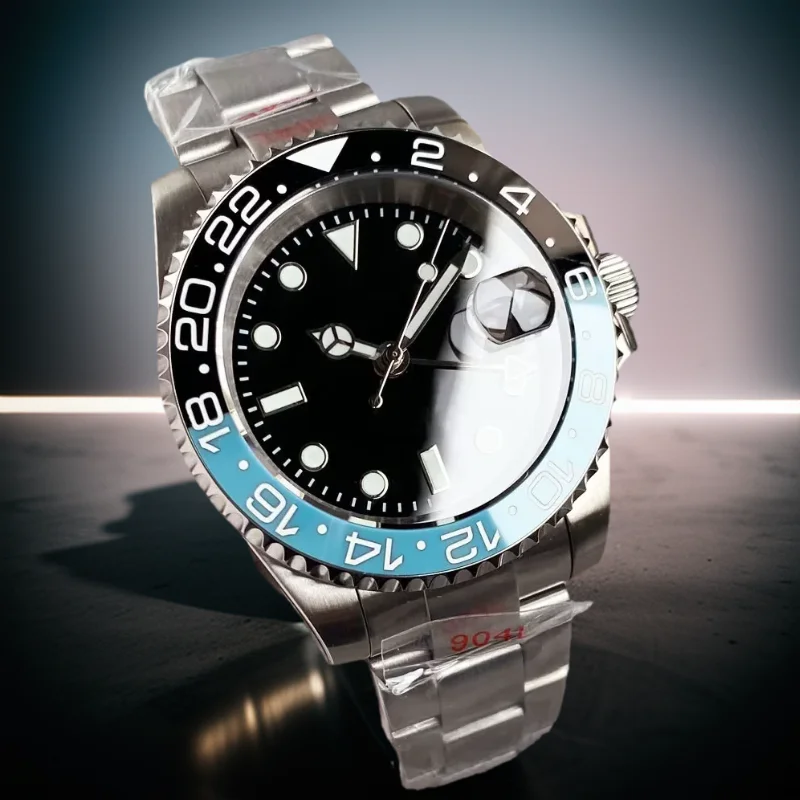 

40 мм черный циферблат с синей многоцветной вставкой и датой NH34A, автоматические часы GMT, мужские водонепроницаемые часы 200 м, светящийся браслет из сапфирового стекла