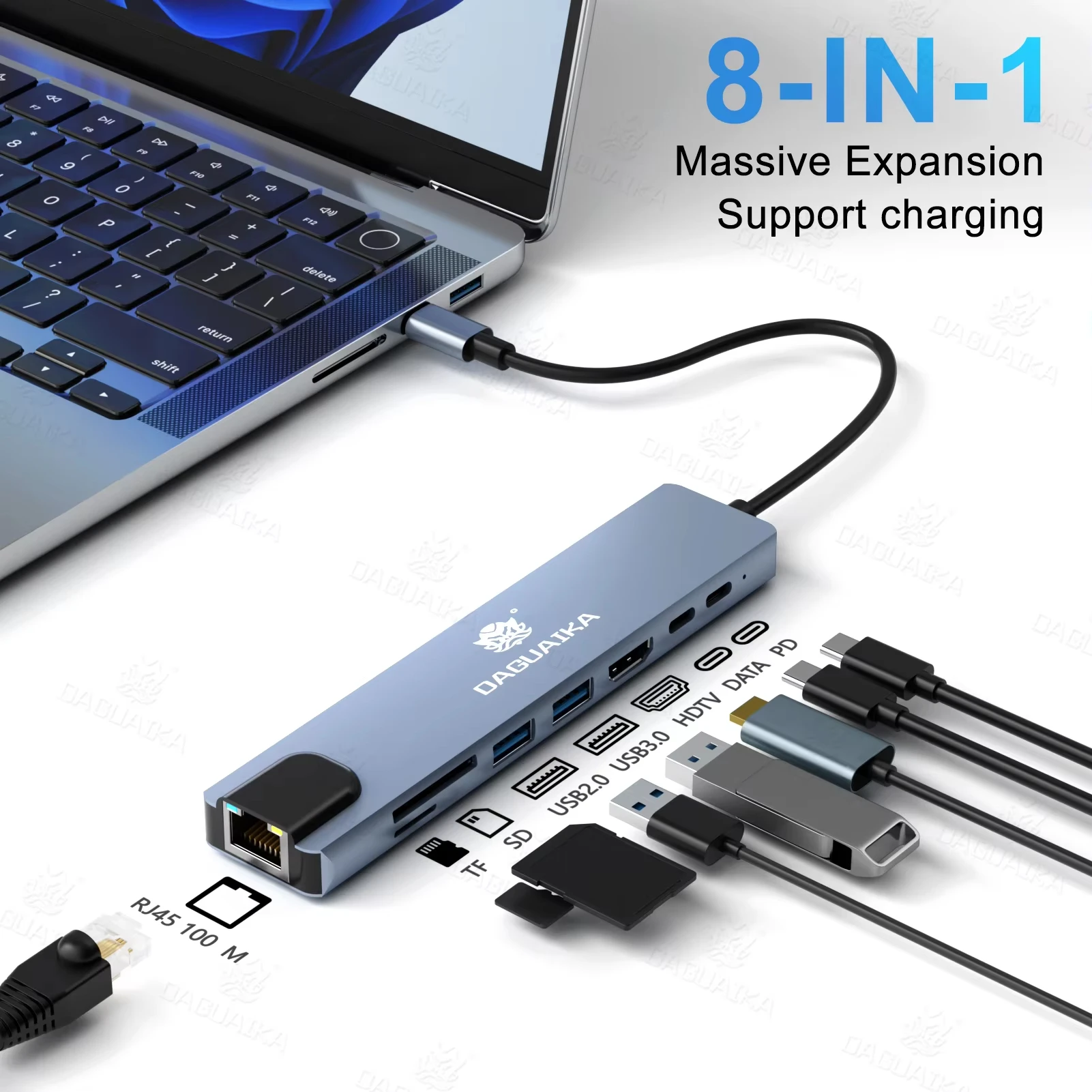 

8 in 1 USB C Hub Type C to 4K HDTV Adapter with RJ45 SD/TF Card Reader Fast Charger for MacBook Notebook Windows Laptop Computer