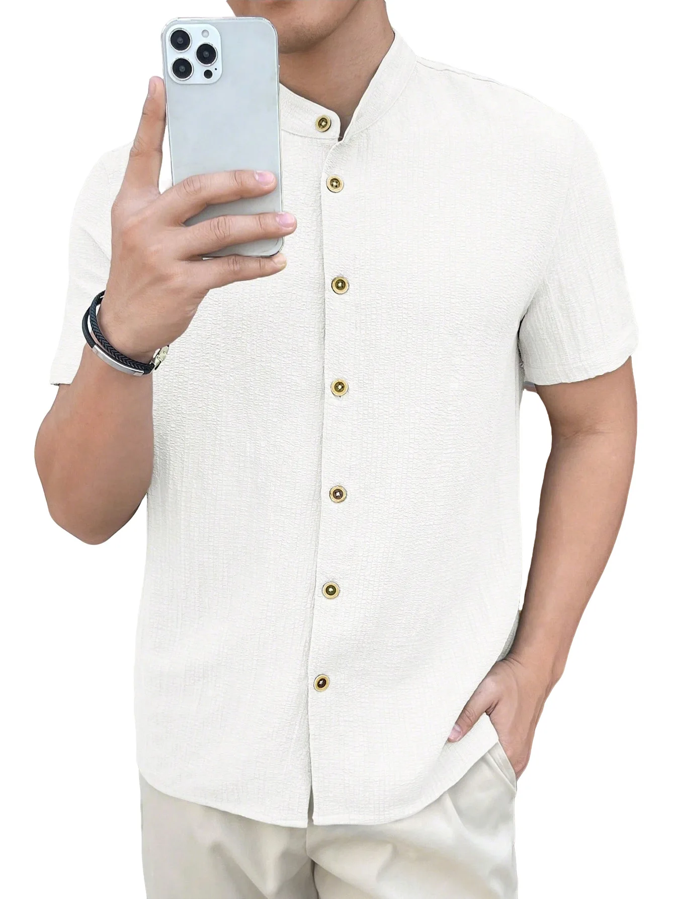 

2026 Summer Men's Casual Stand Collar Short Sleeve Shirt Light Mature Fashion Basic Color Top Quality Material Daily Wear EU Siz