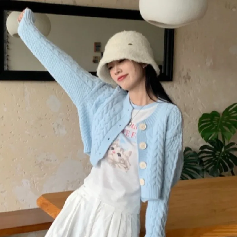 الأزرق محبوك سترة سترة المرأة فضفاضة ضئيلة ort Sve طويلة Sve أعلى الخريف الشتاء جديد Sle ملابس خارجية الحلو Sle