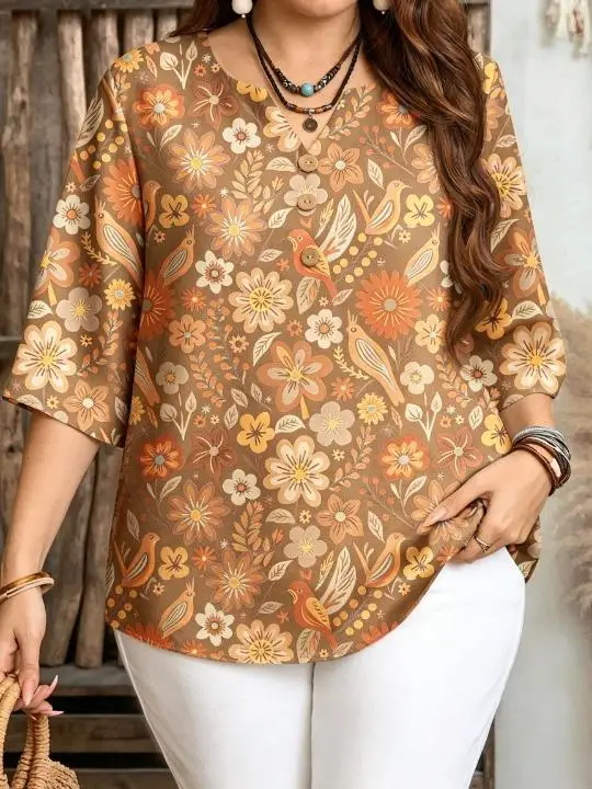 Women Bohemian Vintage Bird Floral Print Blouse For Curvy Figures Notched Neck 3/4 Sleeve Loose Casual Ladies Tops