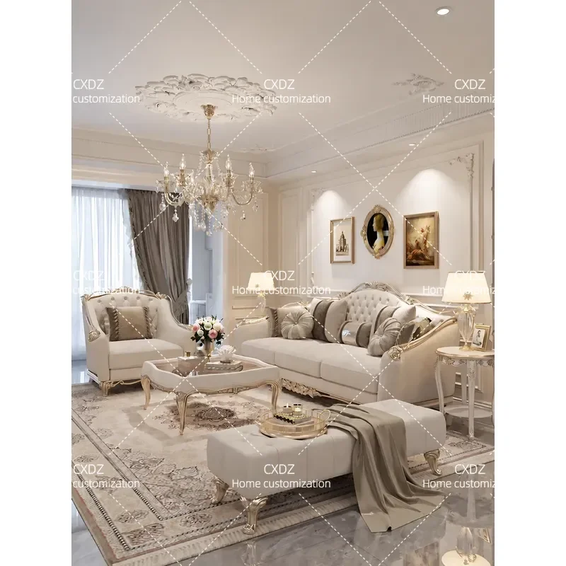 Neoclassical Fabric Sofa Solid Wood Carved Floral Design Living Room Furniture European Style High End Villa Luxury Couch